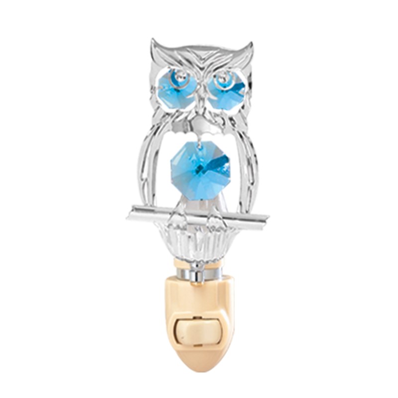 Chrome Plated Hooded Owl Night Light W Blue Swarovski Element