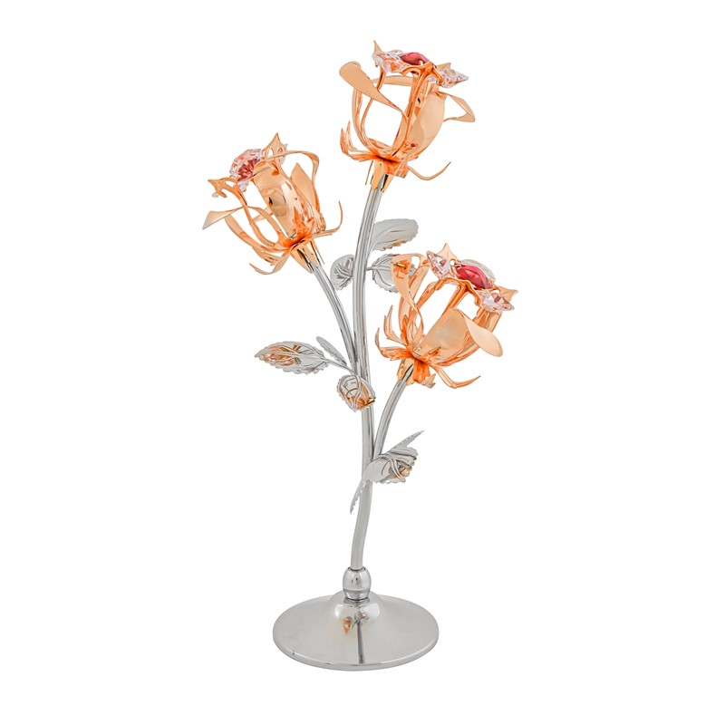 Rose Gold Plated 3 Roses On Stand W/Swarovski