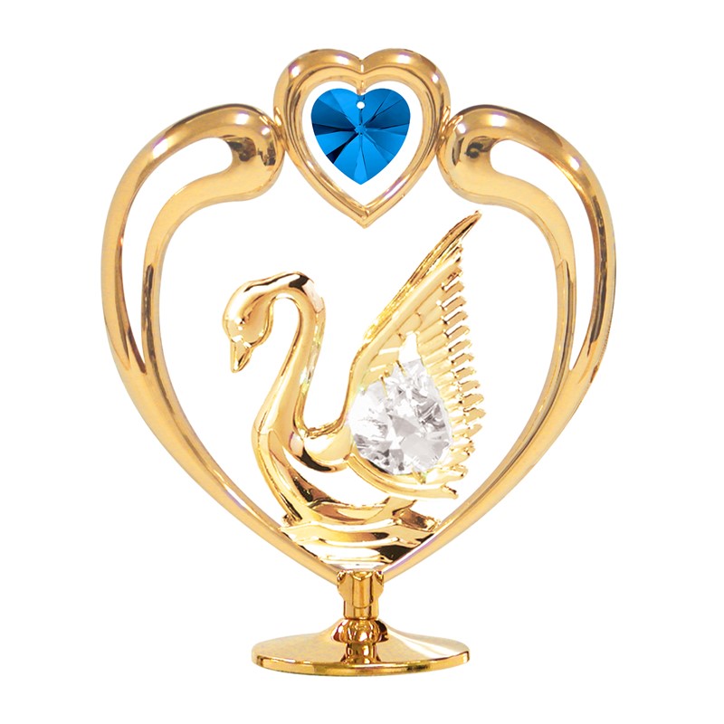 24K GOLD PLATED SWAN IN HEART ON STAND W/ BIRTHSTONE ( SEPTEMBER